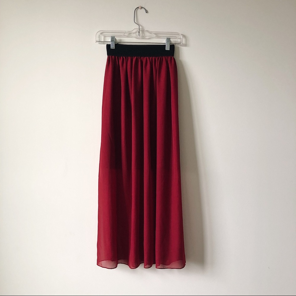 Red Maxi Skirt Contrast Waistband Half Slip